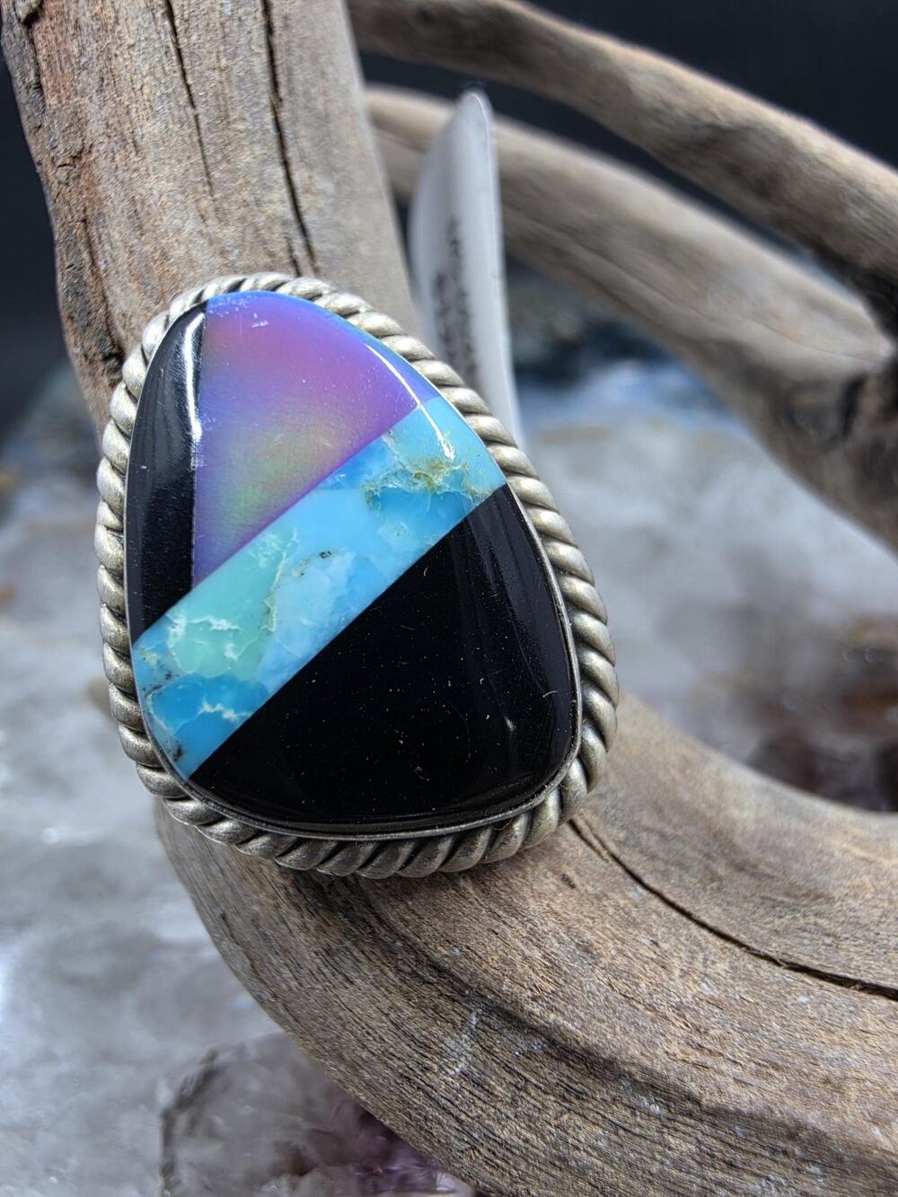 Native black onyx - turquoise - opal inlay adjustable sterling ring